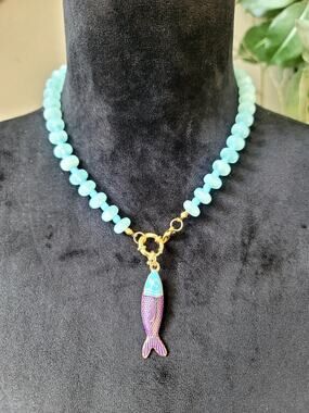 Lightweight Turquoise Blue Beaded Necklace with Colorful Fish Pendant Coastal